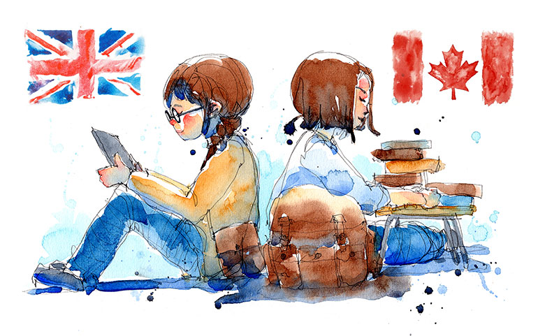 Illustrations of 2 girls, one studying in UK and another studying in Canada