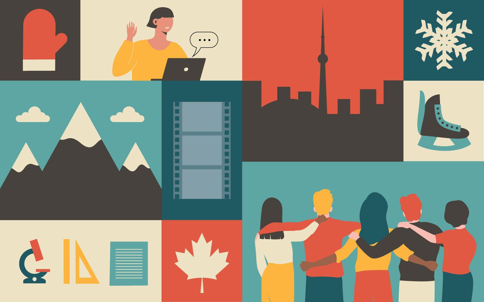 A collage of Canadiana photos are shown, with the CN Tower, a maple leaf and mountains displayed alongside a group of people with their arms around each other.