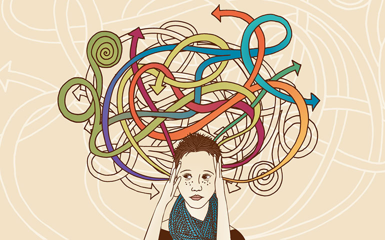 Illustration of girl with hands on her forehead with arrows spiralling around her to depict stress.