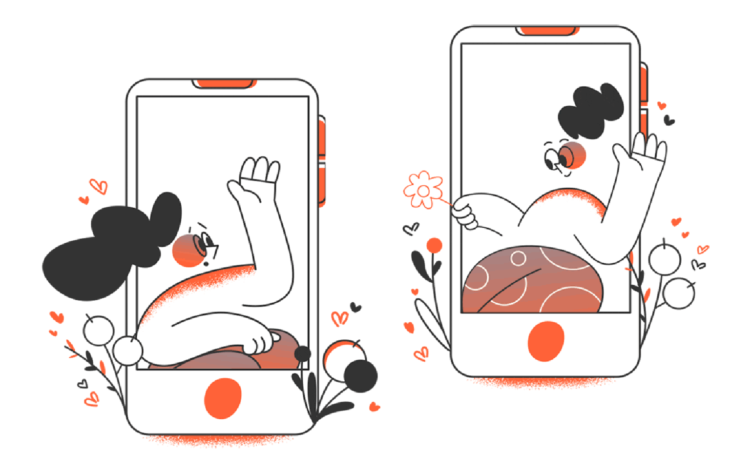 Two people confined within cellphones wave at each other, symbolizing how integral technology has become in maintaining friendships.