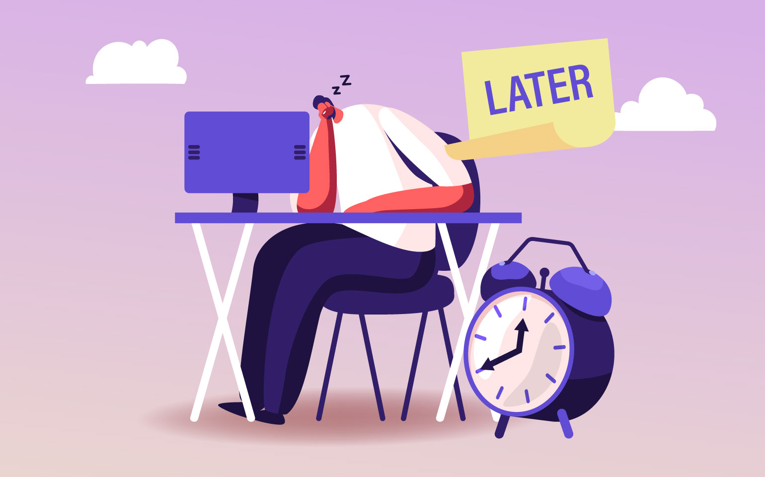 A person sits at a desk with the word "LATER" above it and a clock to represent procrastination.