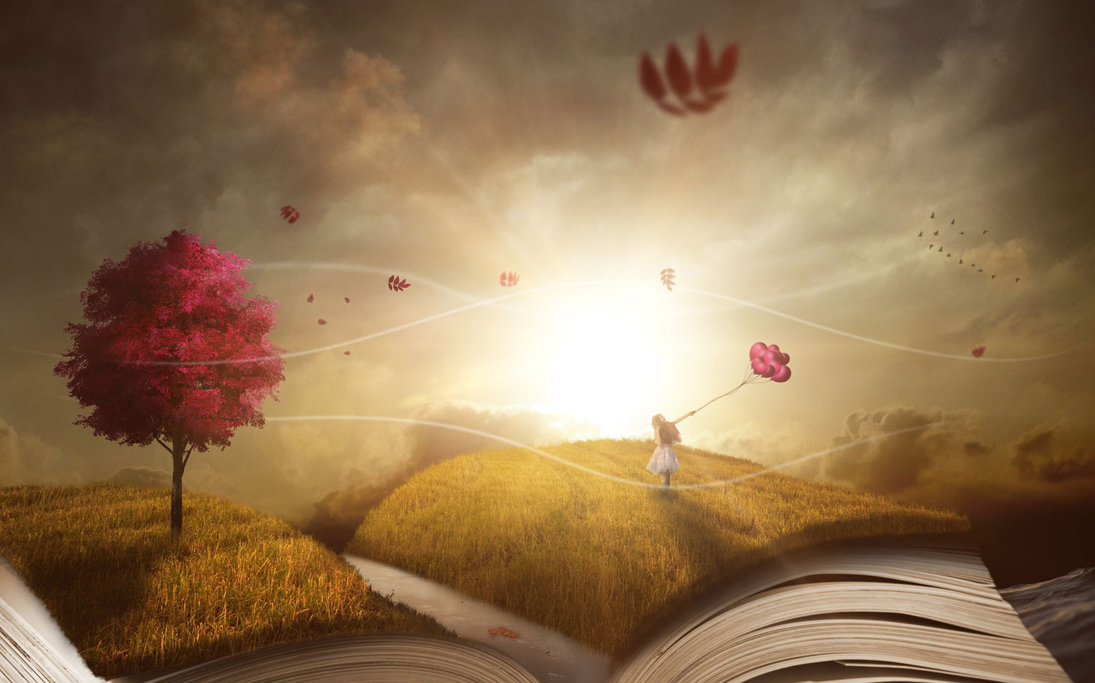 The pages of a book unfurl into a vast grassland with trees to symbolize imagination.