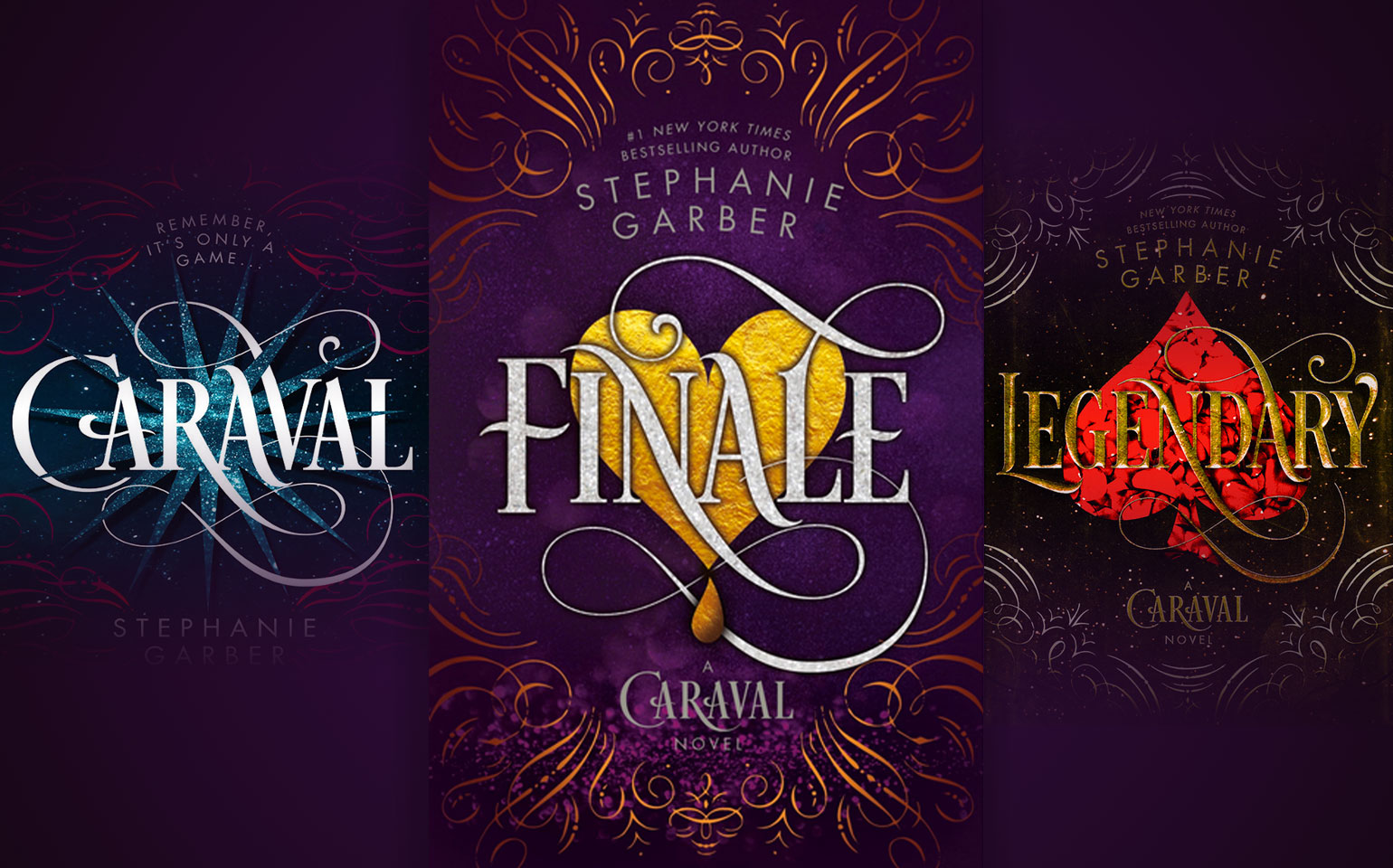 Three of the books that make up the Caraval universe are shown, titled Caraval, Legendary and Finale.
