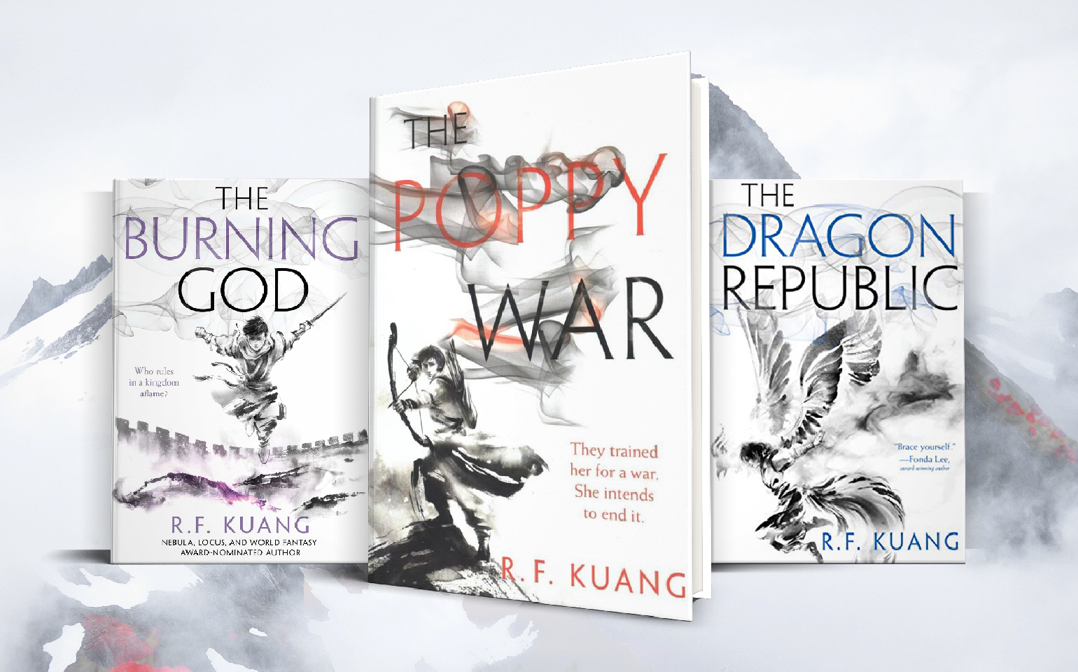 The cover of R.F. Kuang's The Poppy War is shown, which features an archer aiming a bow and arrow.