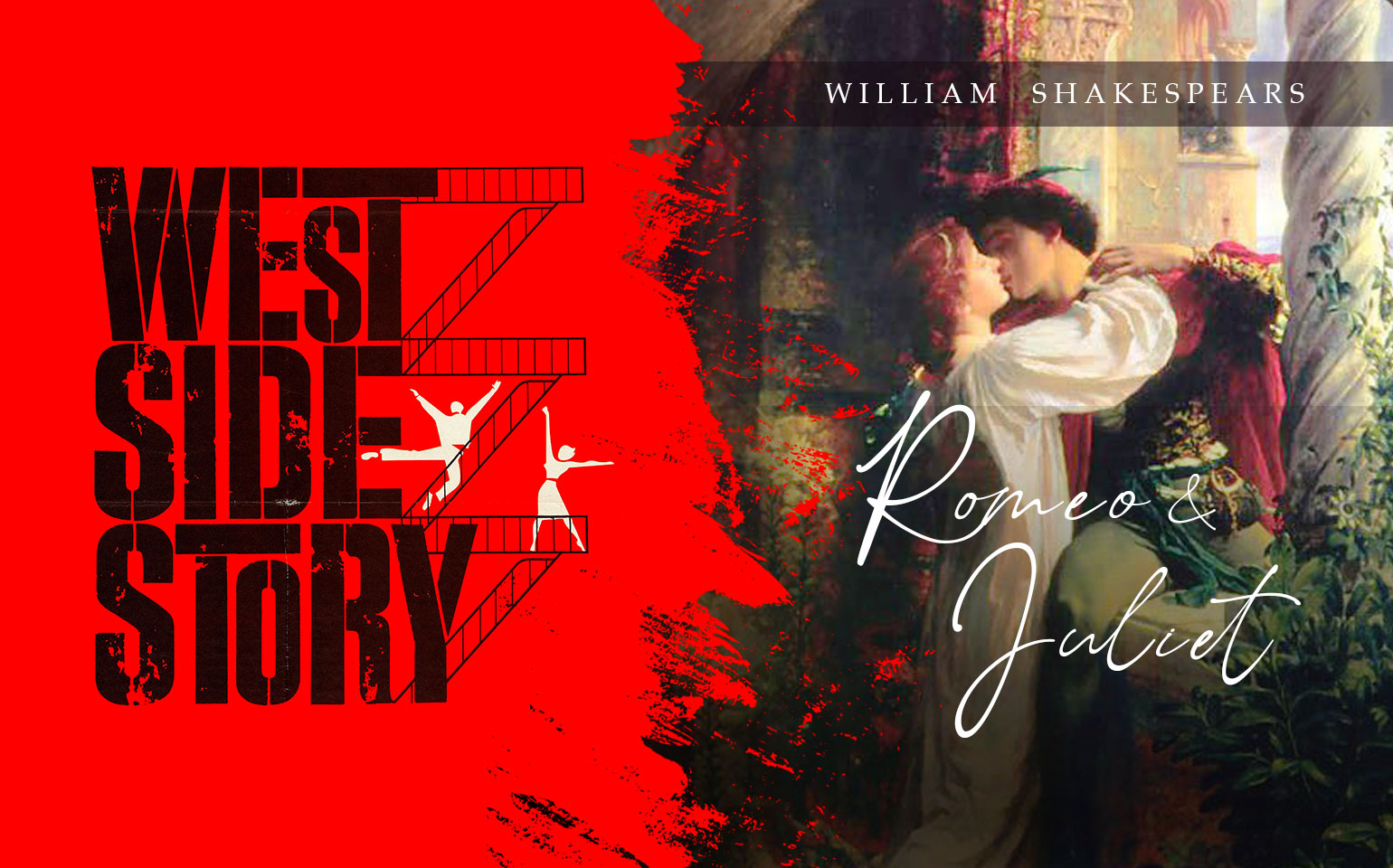 The cover of West Side Story is shown, featured next to the cover of Romeo and Juliet, pictured kissing.