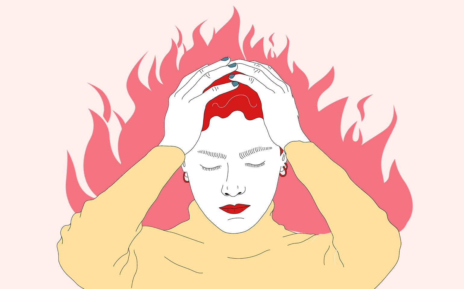 A woman holds her hands to her head with flames behind her to signify stress and burnout.