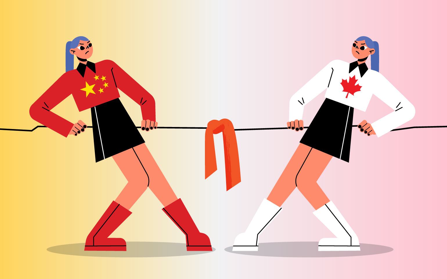 A woman representing China and another representing Canada play a game of tug-of-war.