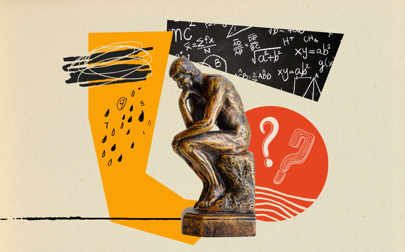 Some question marks and a statue are shown to represent test-taking and thinking.