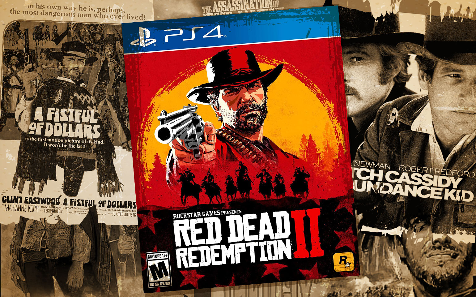 The cover of Red Dead Redemption 2 is shown against the background of western movies.