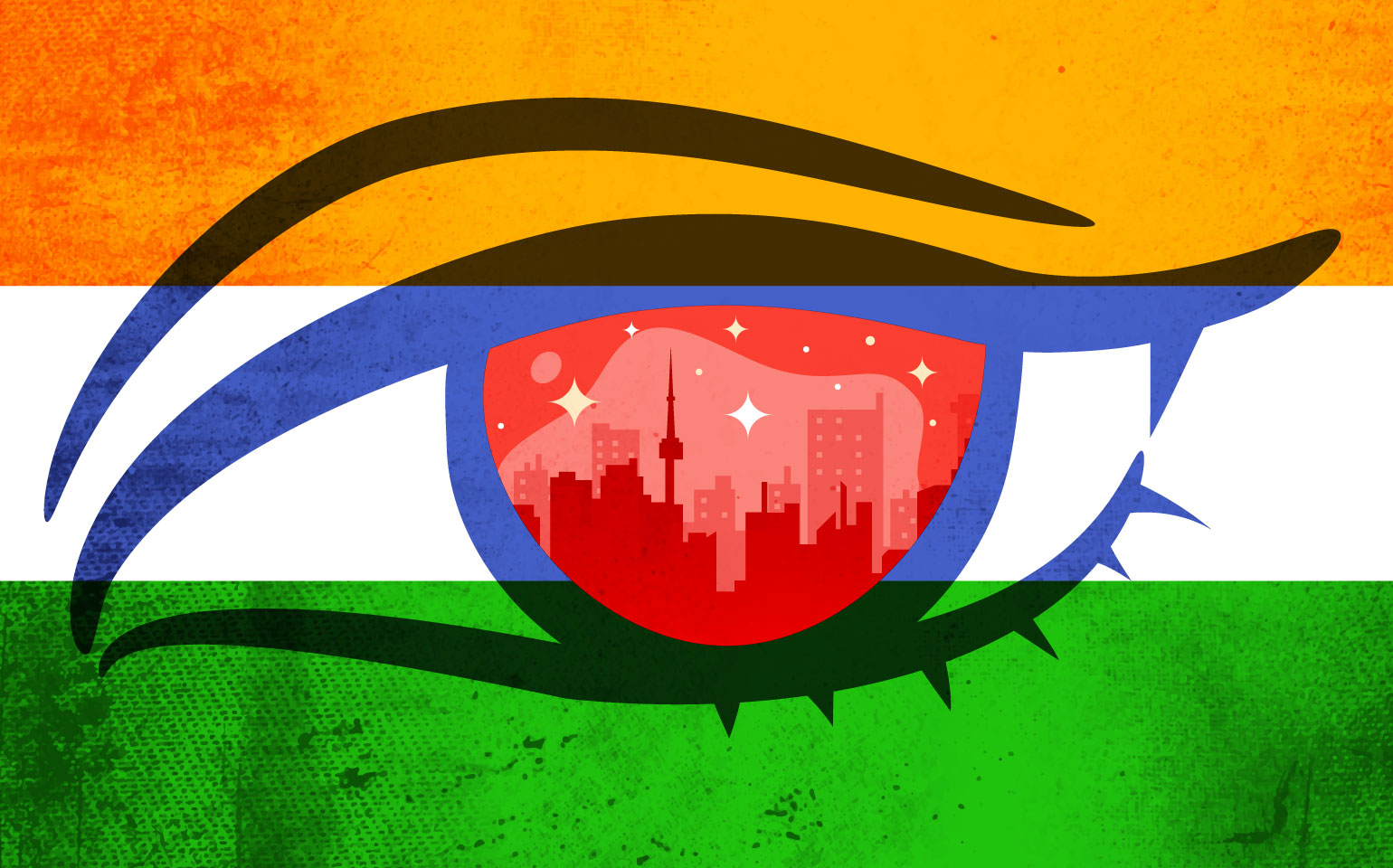 The skyline of Toronto, Canada, is seen within an eye that is comprised of the Indian flag.