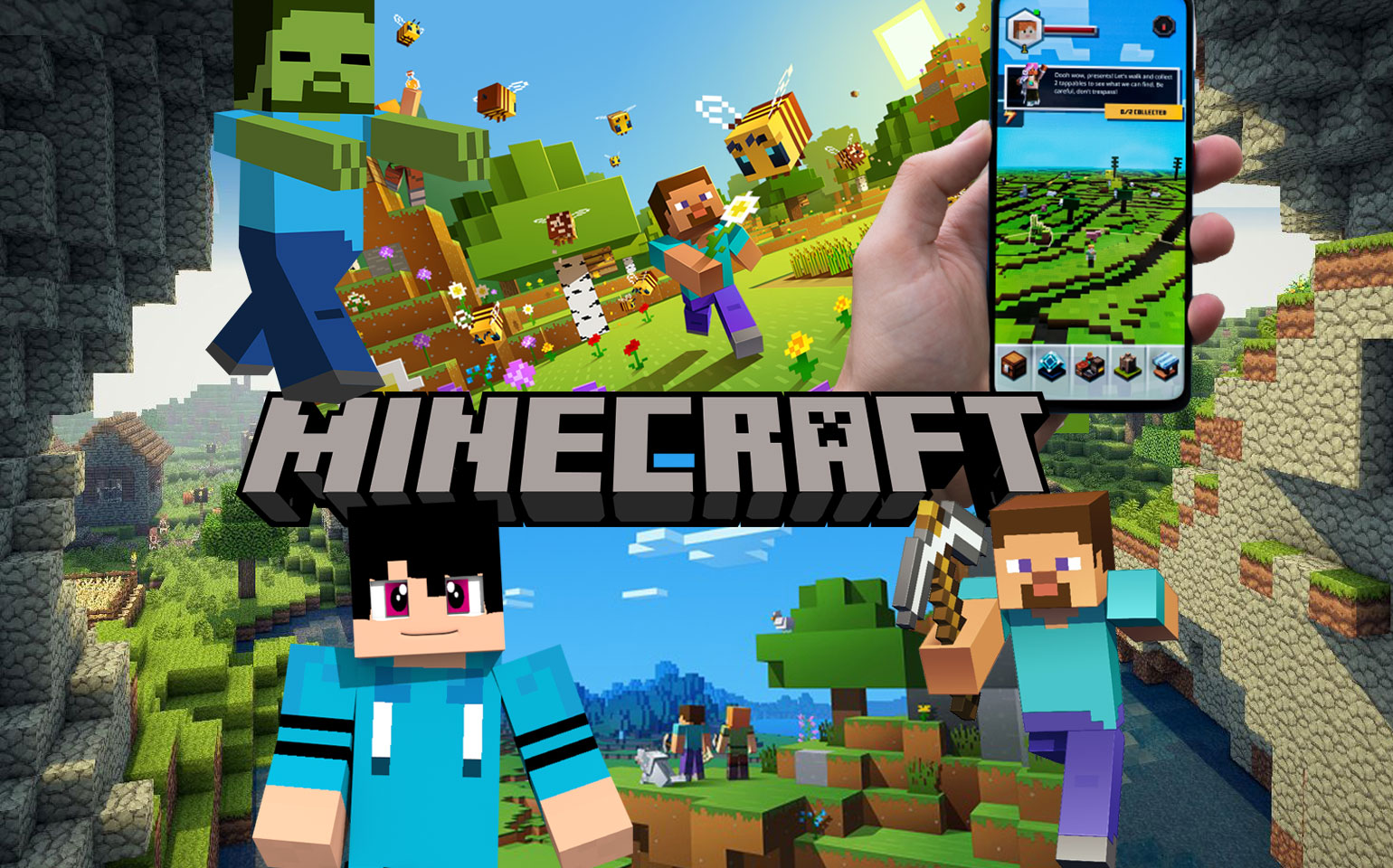 A promo screen of Minecraft is shown including some characters, a zombie and the mobile version of the game.