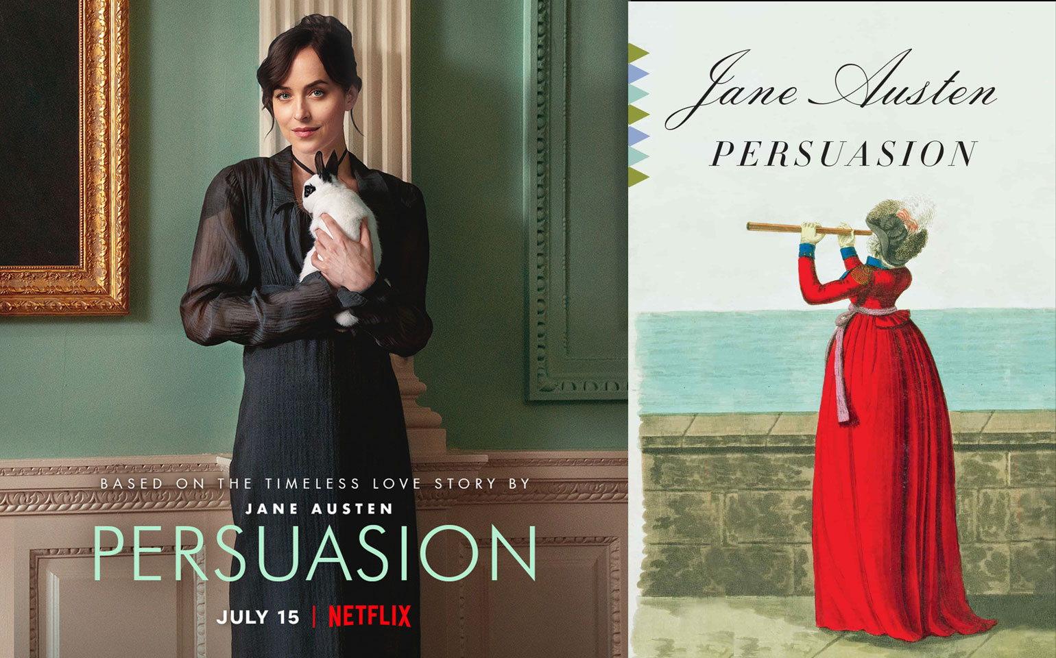The Netflix poster for Persuasion and the novel cover for Persuasion are shown side by side.