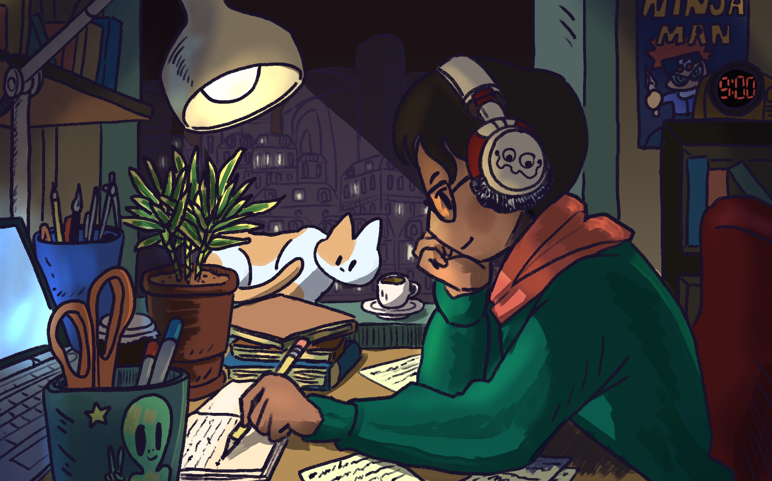 A person sits at their desk writing under a lamp with a cat at their windowsill.