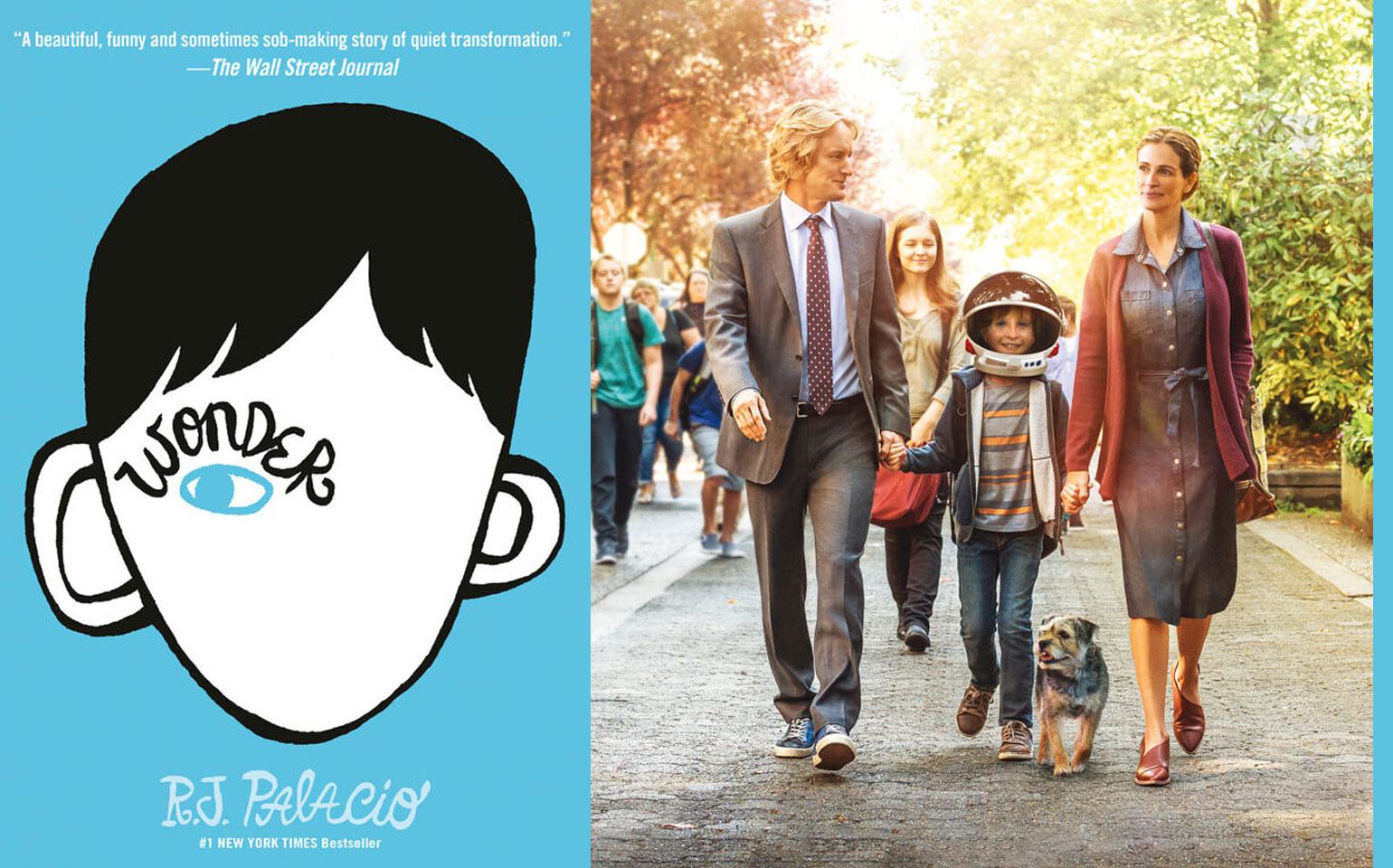 Both the cover of Wonder in novel form and movie form are pictored, the novel cover features a person with one eye open, the movie cover is a family walking down a sunny street.