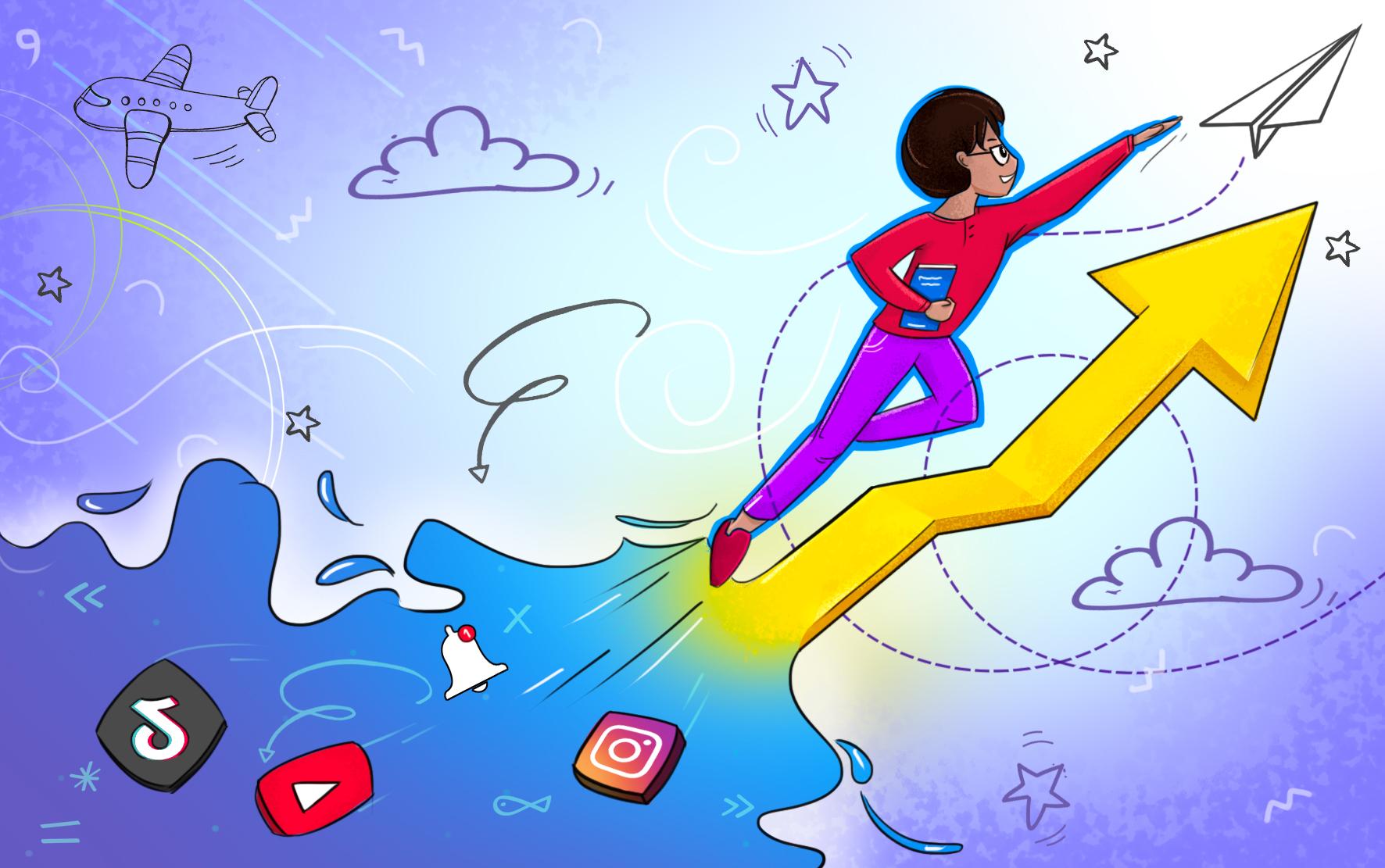 A person on an arrow zooms into space out of a cloud of distractions, such as YouTube and Instagram.