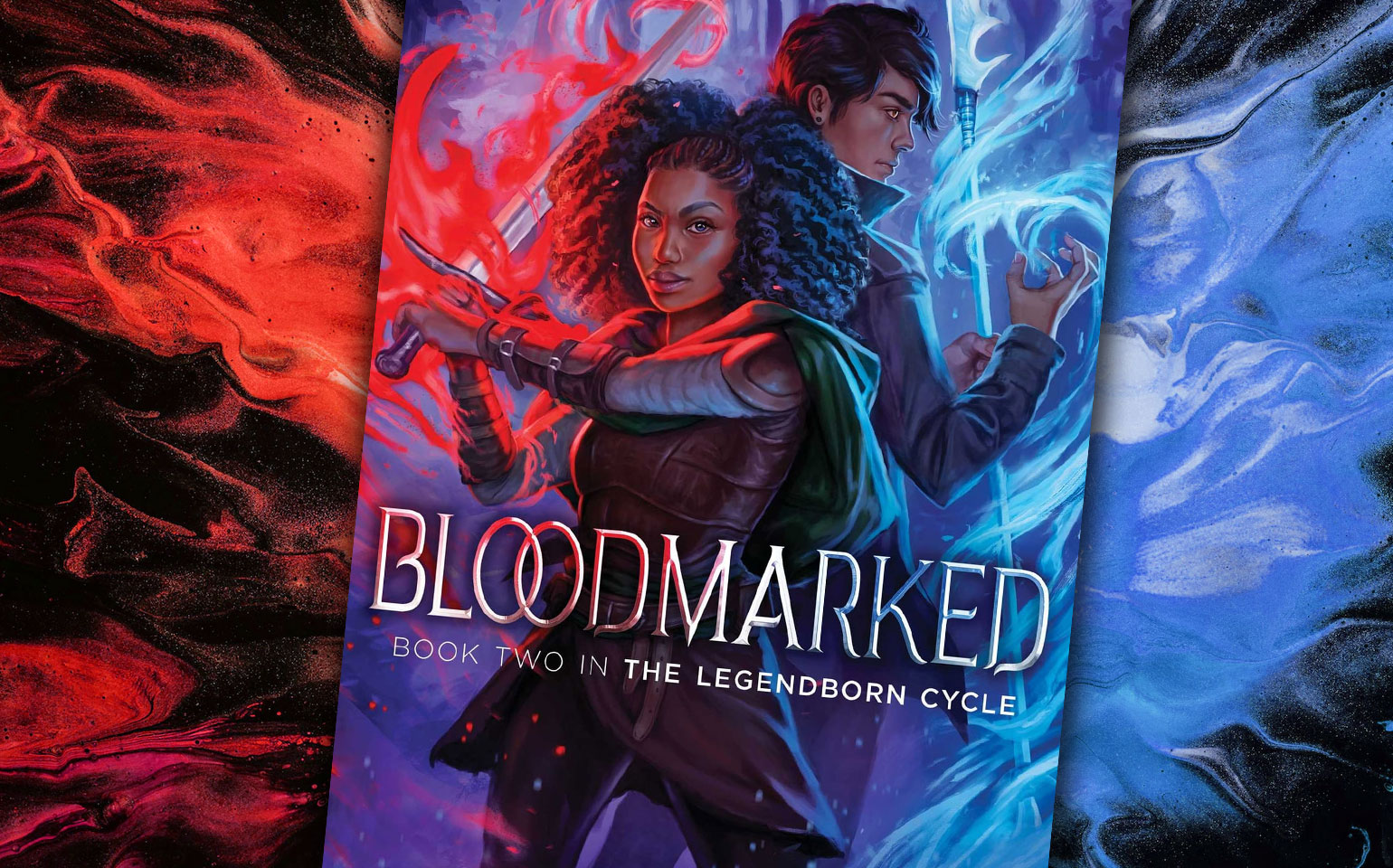 The cover of the Legendborn Cycle book Bloodmarked is shown, with a woman holding a bow and arrow.