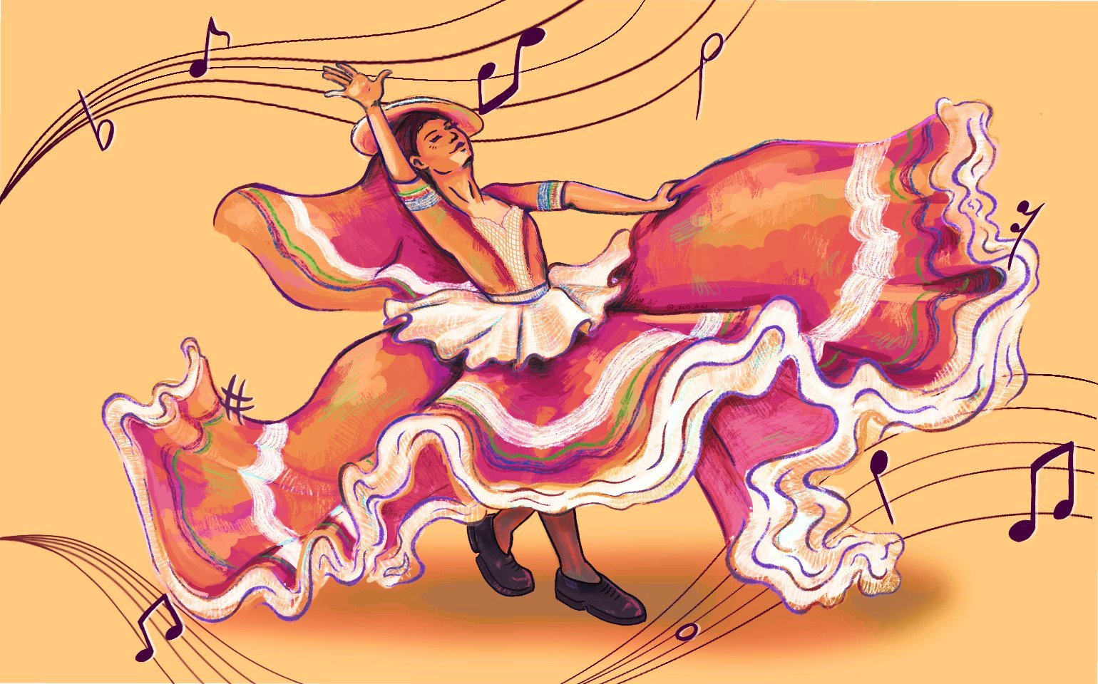 A woman in a large flowing dress dances with musical notes above her head.
