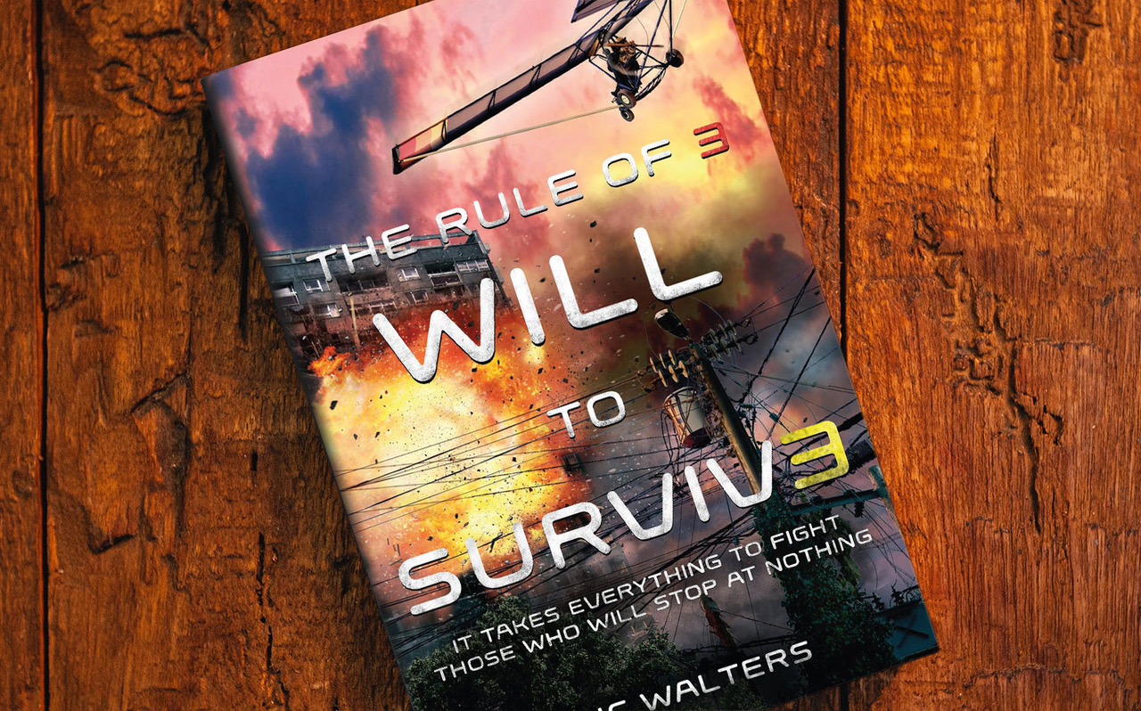The cover of The Rule of Three is shown, featuring a glider flying against a sunset.