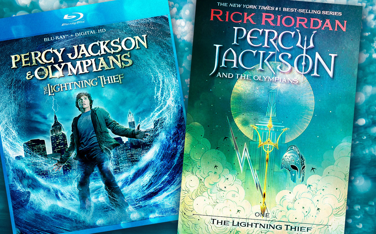The movie poster and book cover of Percy Jackson and the Olympians: The Lightning Thief are shown.