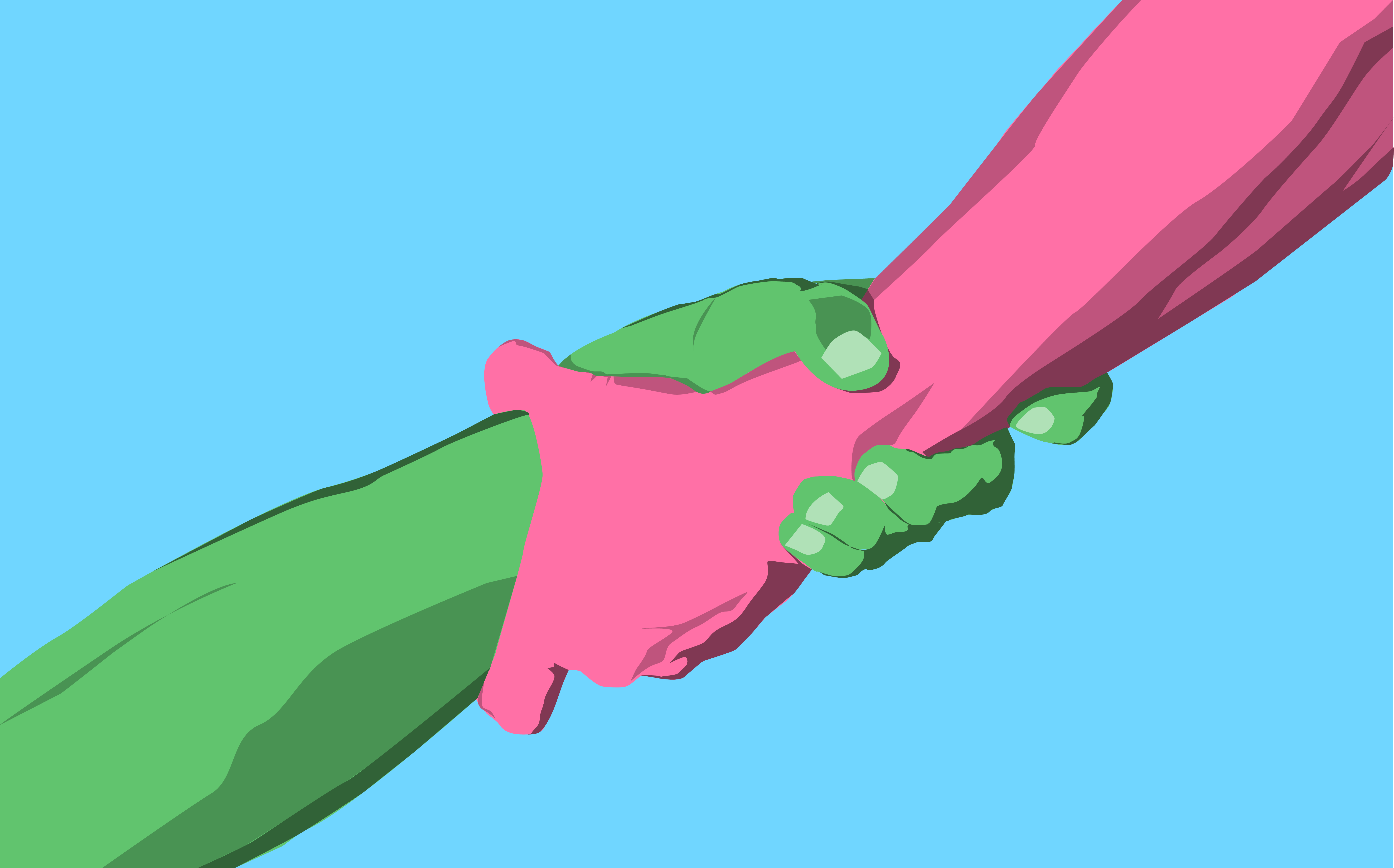 Two hands hold onto each other, symbolizing two people helping each other while writing a story.