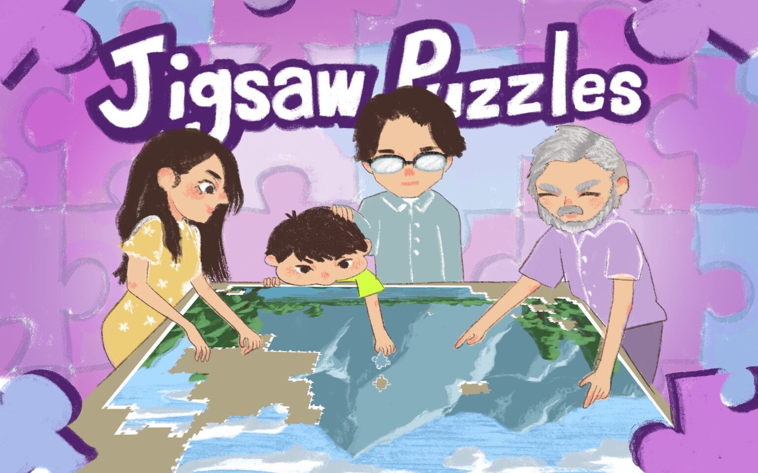 A group of people assembling a jigsaw puzzle.