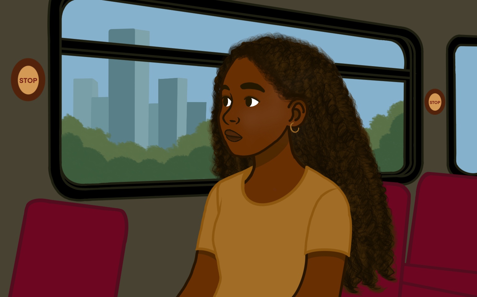 A woman looks out the window of a school bus.