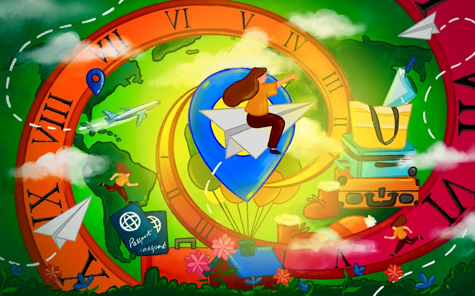 A person is shown with various objects representing moving around them.
