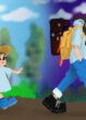 Blue sky with clouds and trees in the background, animated girl and woman walking together in an outdoor park setting, symbolizing guidance and exploration in education and personal growth.