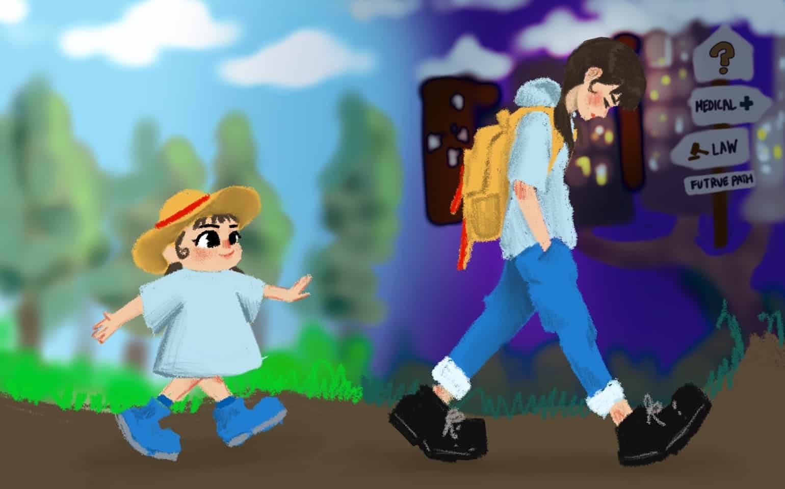 Blue sky with clouds and trees in the background, animated girl and woman walking together in an outdoor park setting, symbolizing guidance and exploration in education and personal growth.