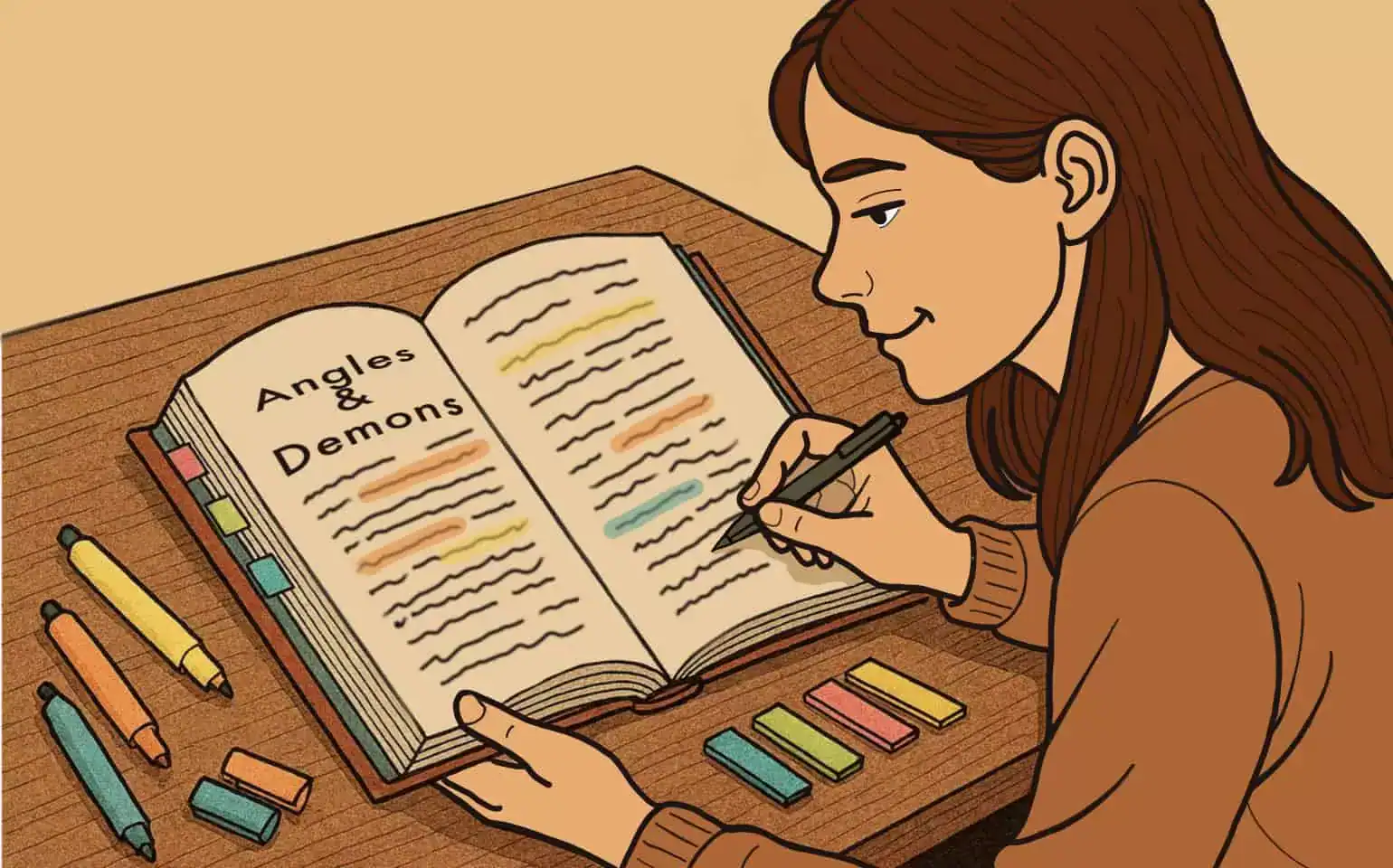 1. A young woman studying "Angles & Demons" from a book, with colorful highlighters and pens, on a wooden desk, emphasizing educational content and mental health awareness.