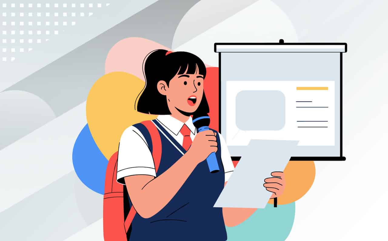 Illustration of a student presenting a TrED Talk, using a script while speaking in front of a classroom screen.