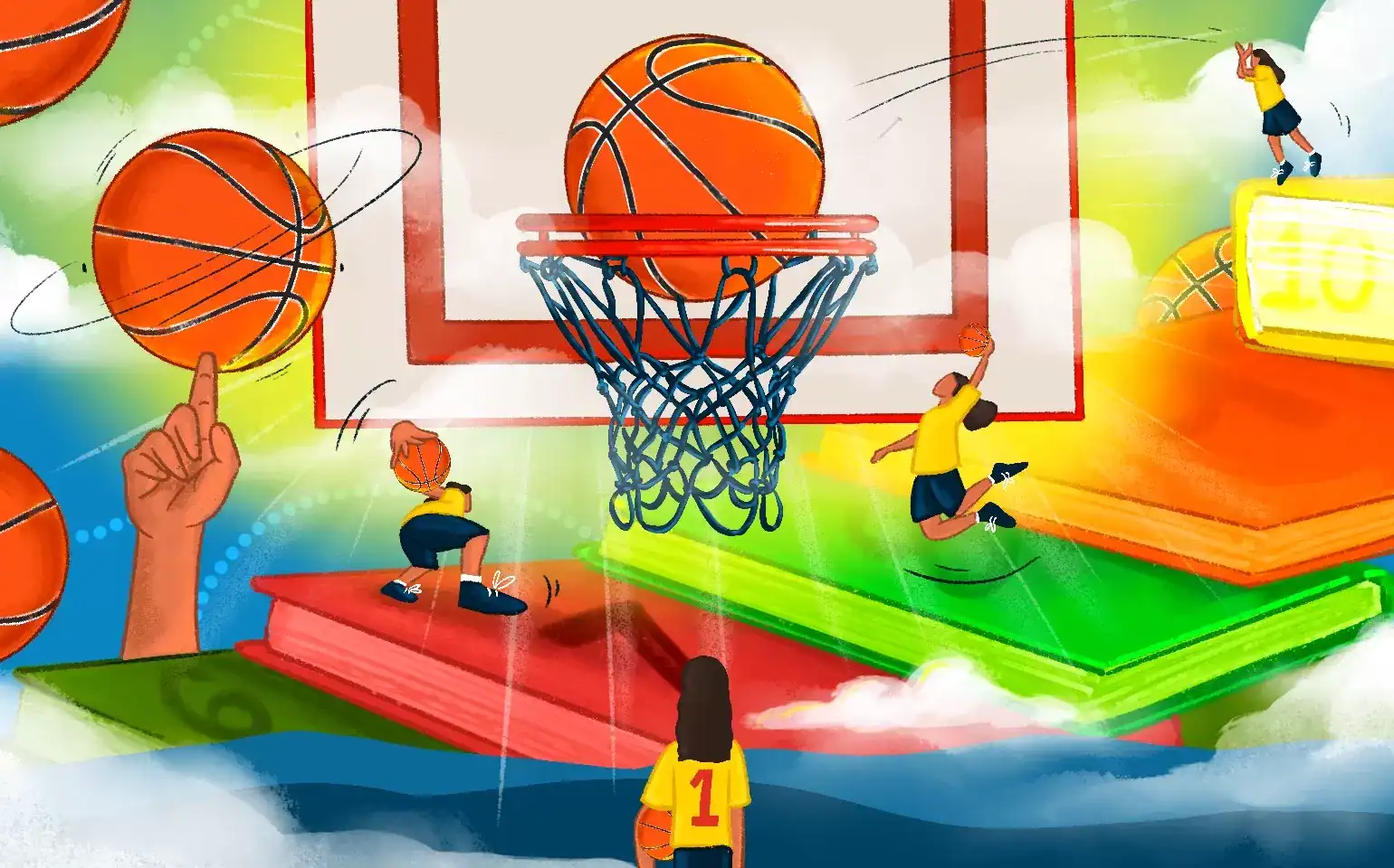 Basketball players practicing jump shots on colorful books with a basketball hoop, representing learning and literacy. Bright, dynamic illustration highlighting the importance of education and sports for children.