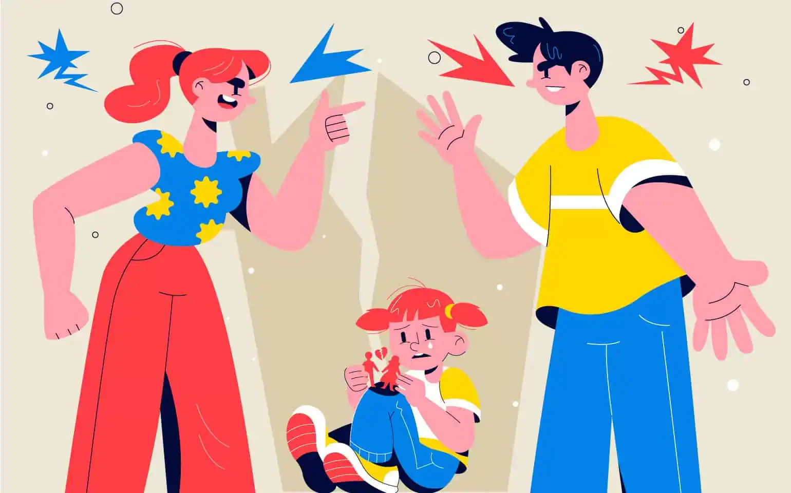 1. Happy family arguing with each other with animated expressions, emphasizing conflict management and emotional regulation for parenting tips.