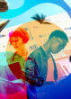 Colourful collage of two young people reading in a library, surrounded by flying open books and whimsical floating objects.